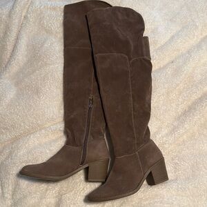 Qupid Brown Over the Knee Boots with Suede Material and Chunky Heel